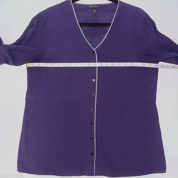 Eileen Fisher Georgette Piped Blouse 100% Silk Crepe Button Down Top Navy Blue M - Picture 6 of 13